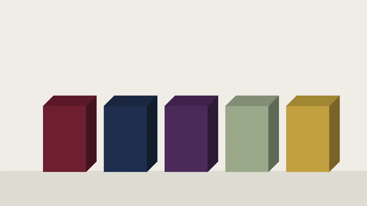 Flat illustration of five perfume cartons in burgundy, navy, purple, sage and gold