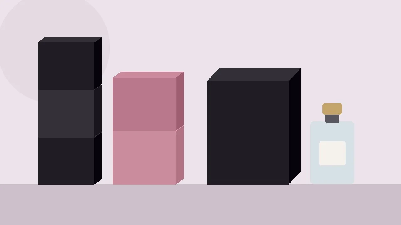 Stacked empty perfume cartons beside an open box and glass bottle
