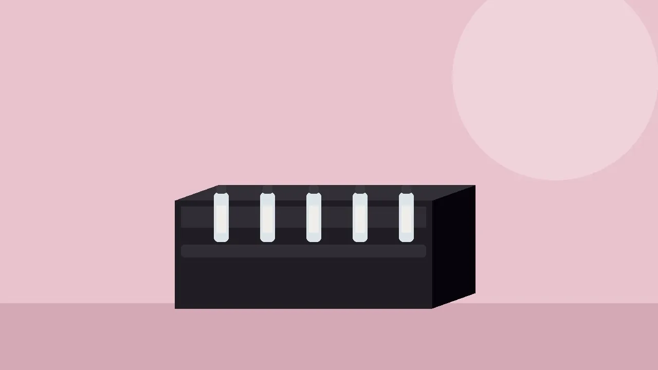 Open black box holding five fragrance sample vials in a fitted insert