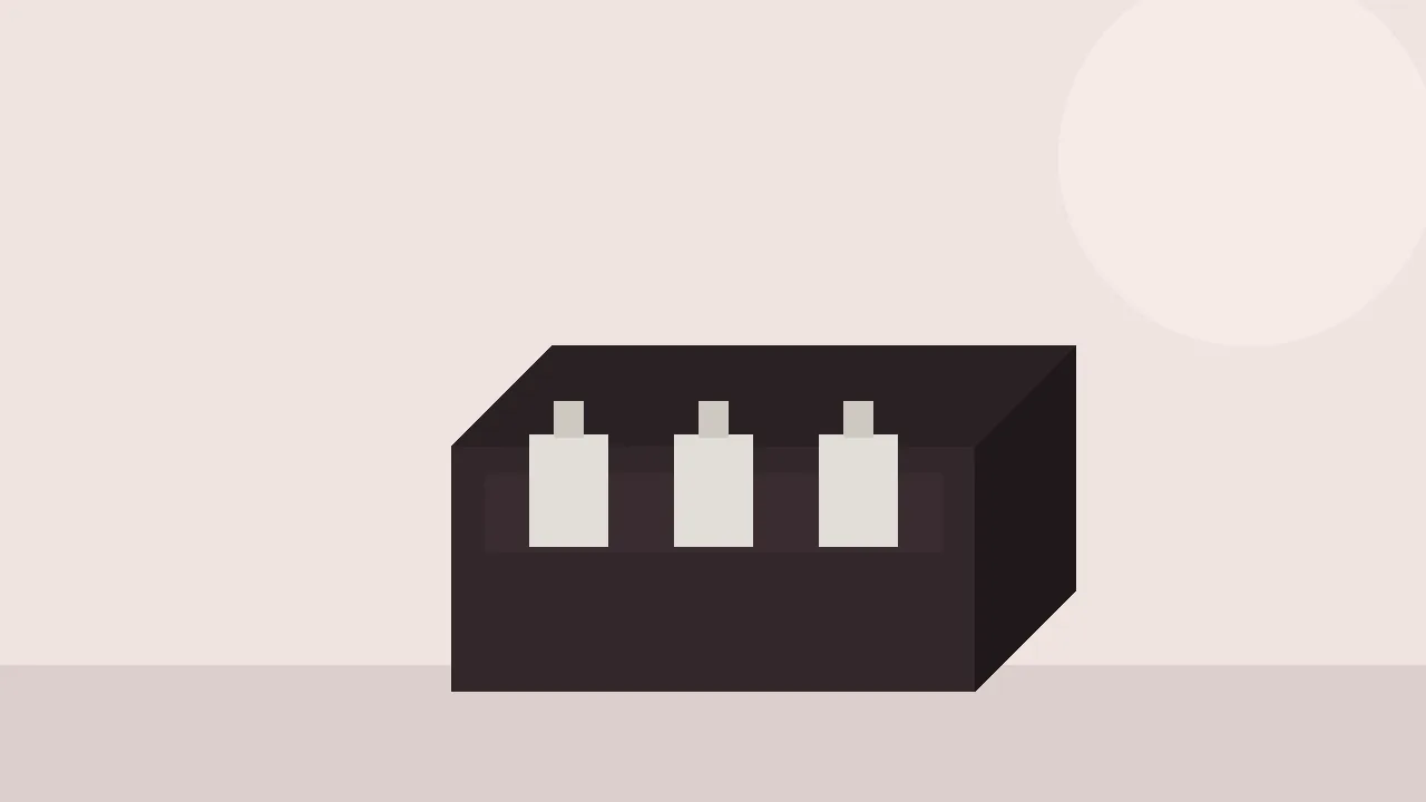 Flat illustration of an open gift box with three bays holding perfume bottles
