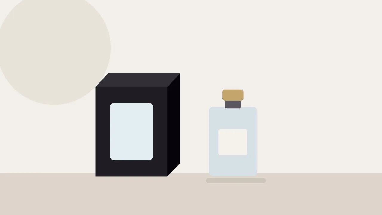Black tester box with window beside a glass perfume bottle on a counter