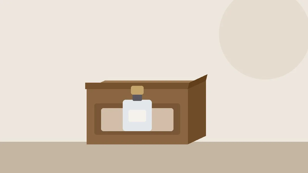 Open wooden presentation box with a perfume bottle in a fitted insert